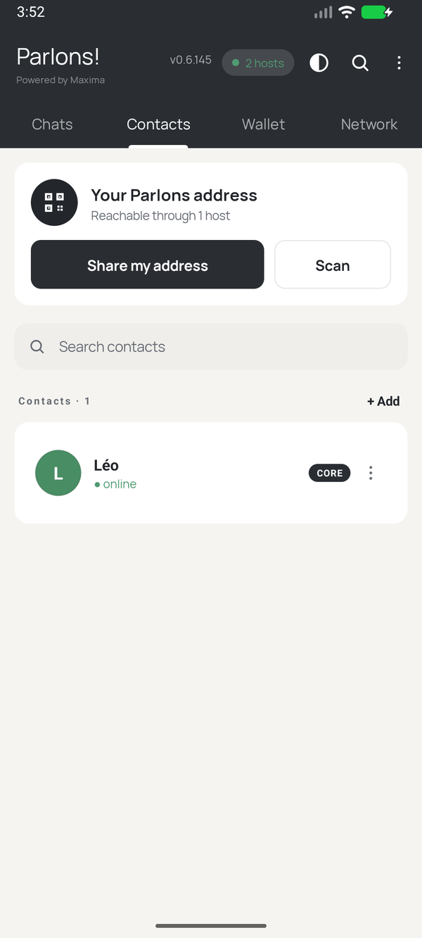 The Contacts tab: your Parlons address with Share my address and Scan, and one contact online