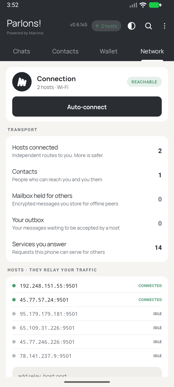 The Network tab: reachable, hosts connected, contacts, mailbox and outbox counters, and the relay list