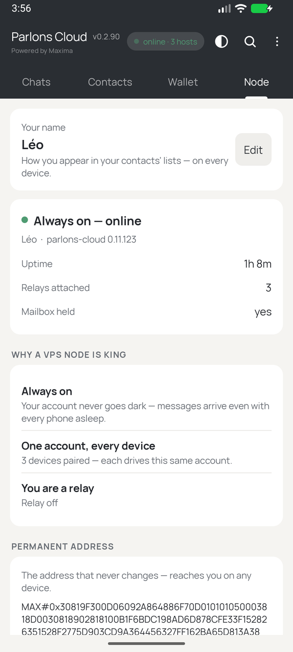 Parlons Cloud's Node page: always on and online, uptime, three relays attached, and the permanent address