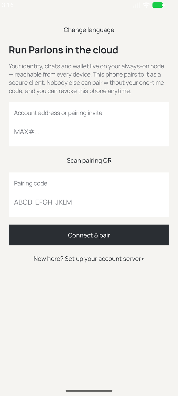 Parlons Cloud for Android, ready to pair: the account address, Scan pairing QR, the pairing code and Connect & pair